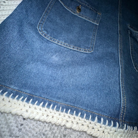 Adorable Hand Embellished Denim Overall Dress with Cream Crochet Detail - M/L - Picture 6 of 9